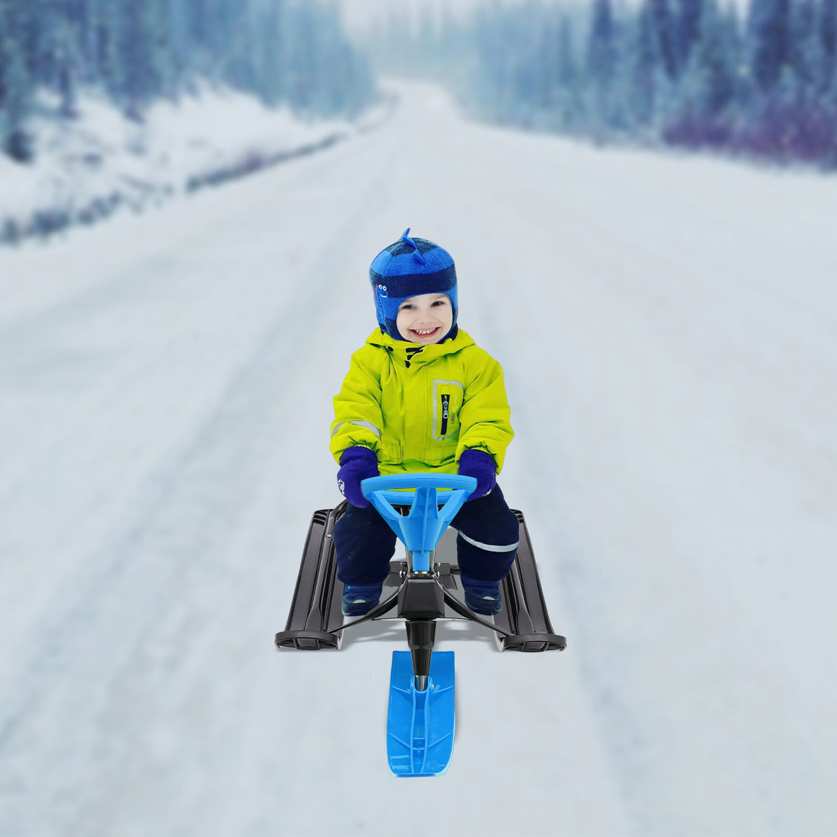 Kids & Adult Snow Racer Sled with Flexible Steering Wheel - Blue