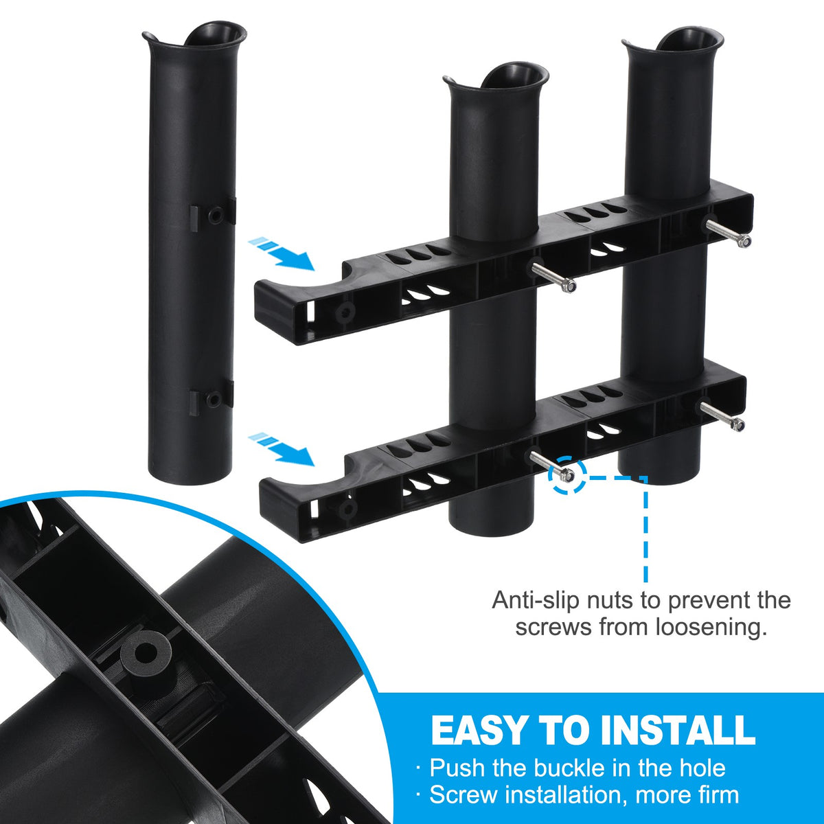Wall-Mounted Fishing Rod Holder Set - 4 Pieces, Black, Multi-Tool Storage