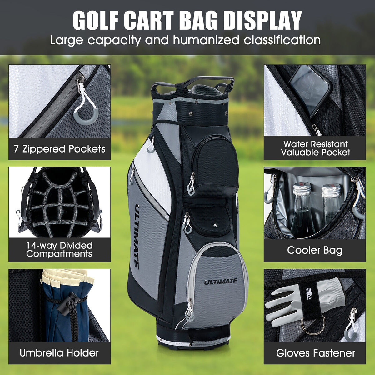 14-Way Golf Cart Stand Bag with Cooler Pocket Waterproof Rain Hood