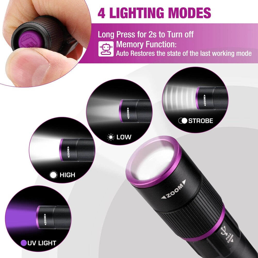 Rechargeable UV & White LED Flashlight with 4 Modes, Focus, Waterproof