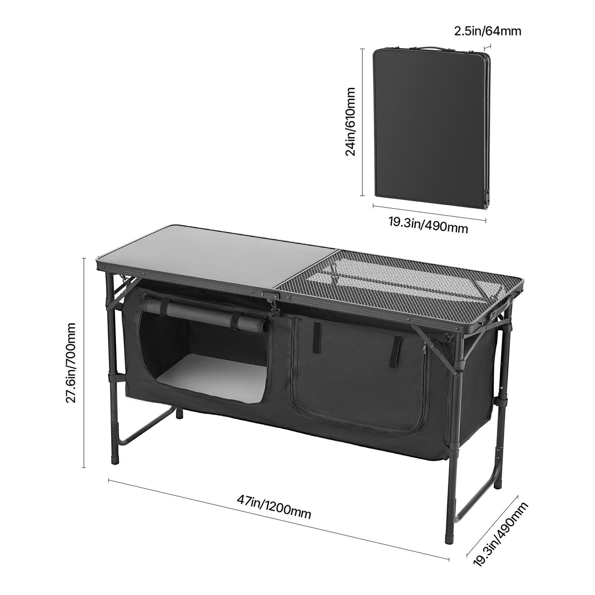 Portable Camping Kitchen Table with Adjustable Height and Storage