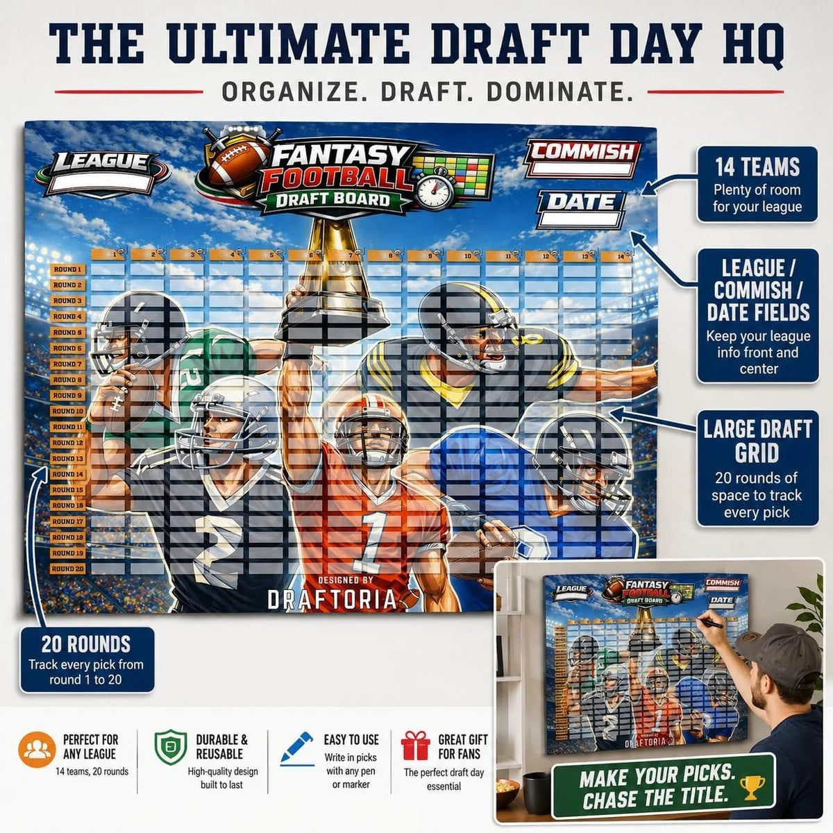 Extra Large Fantasy Football Draft Board Kit for 2026-2027