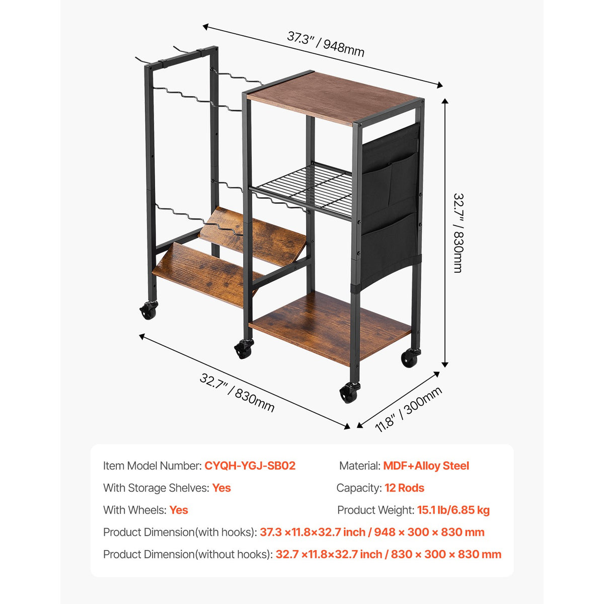 12-Pole Fishing Rod Holder Cart with Wheels for Garage & Storage