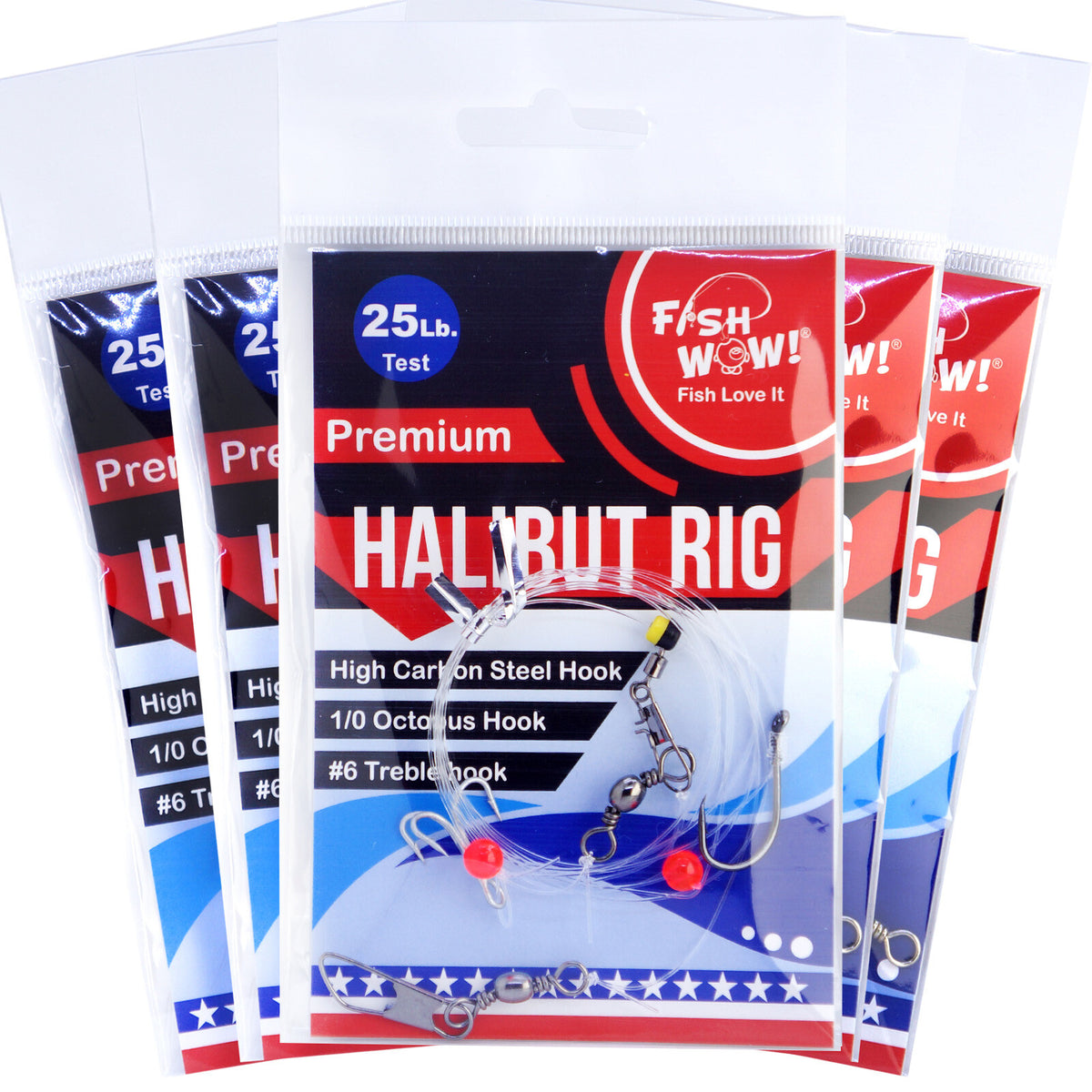 Fish WOW! Halibut Drift Rig with Octopus & Treble Hooks 25lb Test - 5 Pack