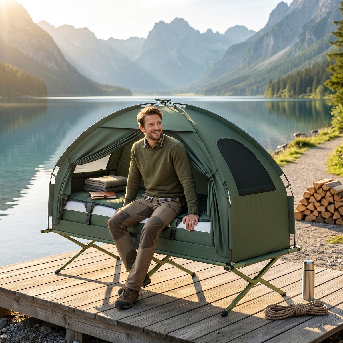 Outdoor Camping Tent Cot with Air Mattress and Sleeping Bag - Portable, Elevated Bed Set