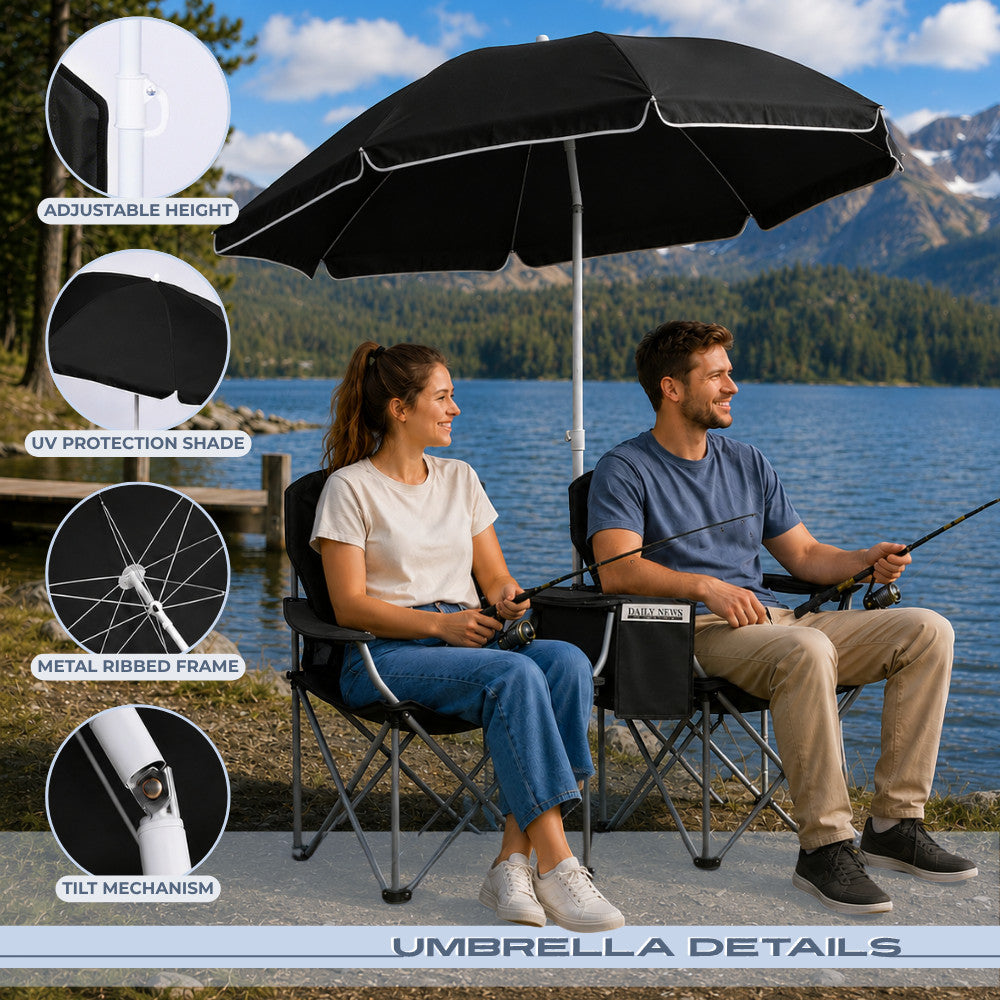 Portable 2-Person Folding Picnic Chair with Umbrella Cooler and Cup Holders