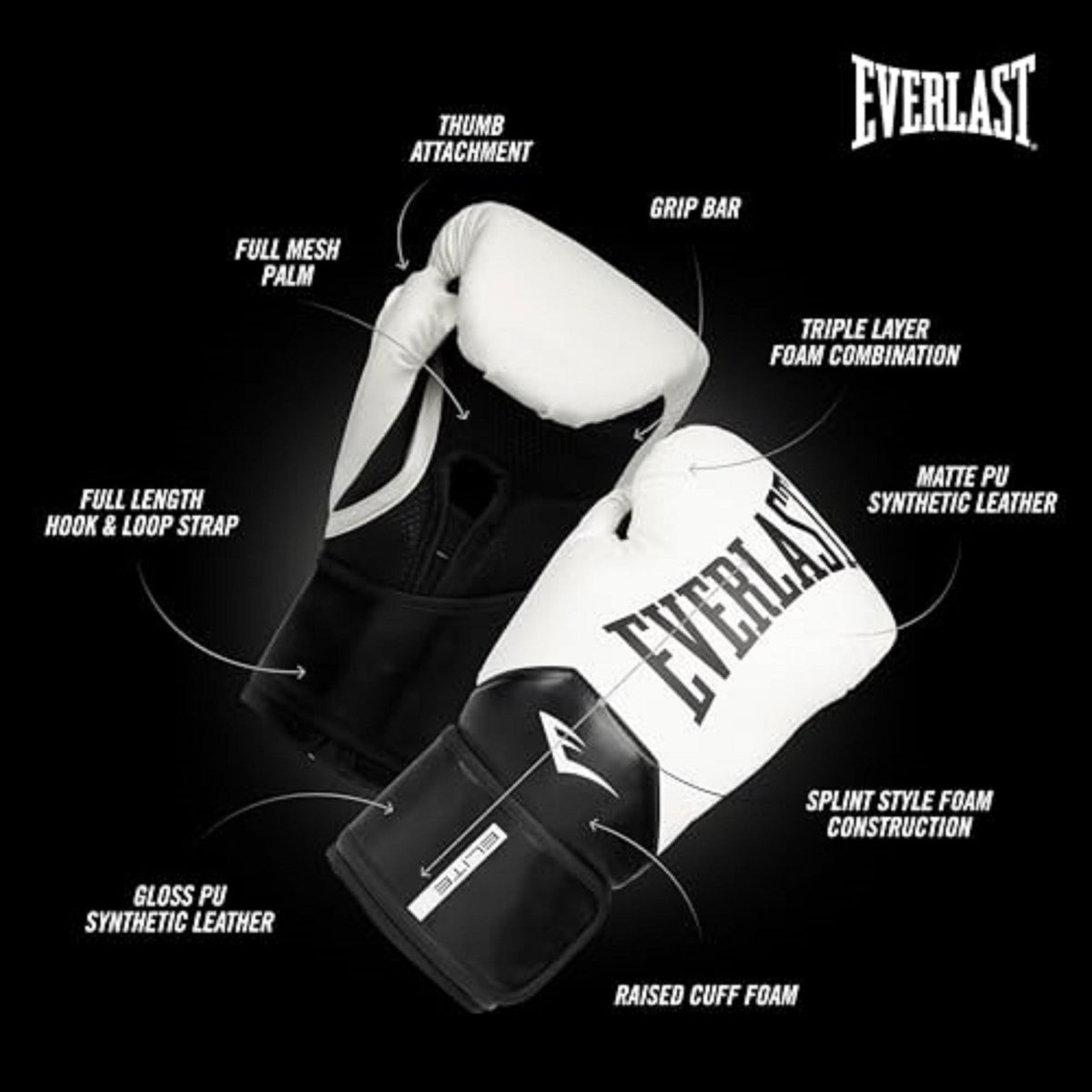 Everlast Elite 2 Boxing Gloves 16oz Black Gold Training Gear with Wedge Strap