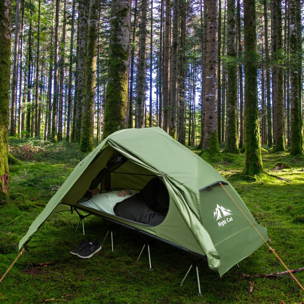 Outdoor Camping Tent and Cot Set with External Cover - Compact Elevated Design