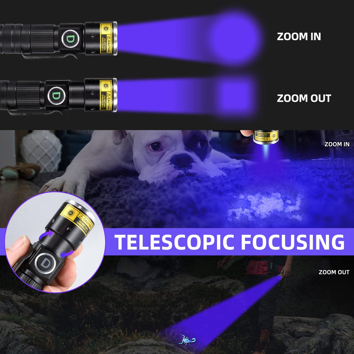 Rechargeable UV 365nm Black Light Flashlight for Detection and Scavenger Hunts