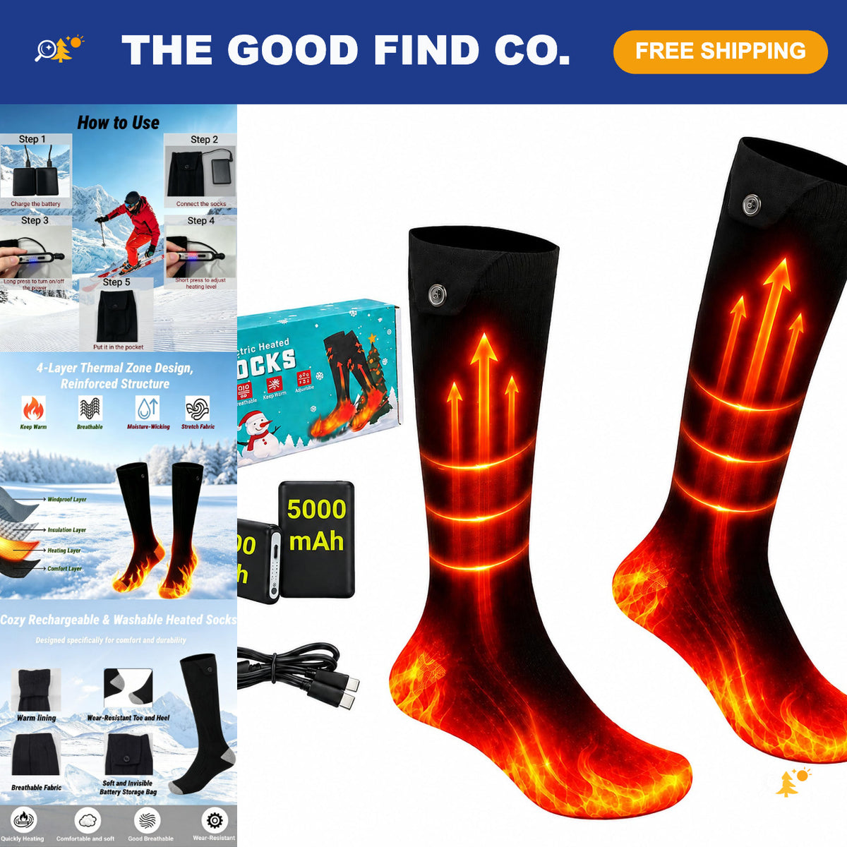 Rechargeable Heated Socks for Men & Women, 4 Heat Settings, Warm Feet