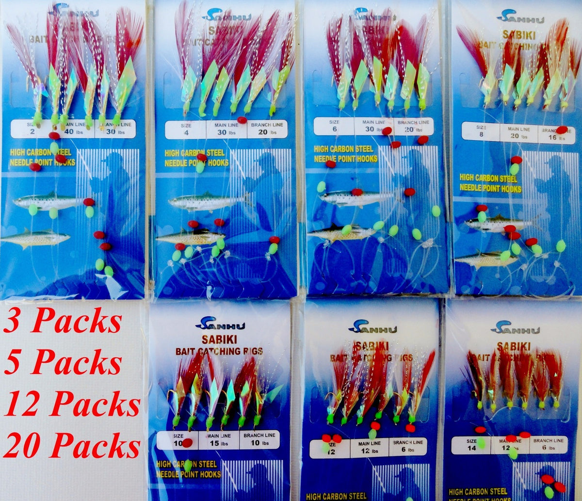 Sabiki Bait Rig with 6 Gold Hooks & Red Feathers - Multiple Sizes & Packs