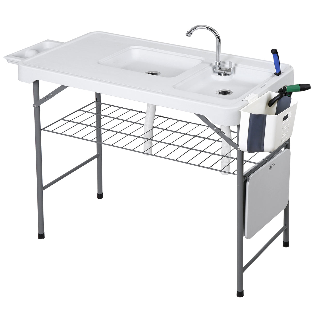 Fish Cleaning Station with Dual Sinks and Swivel Faucet - Portable Folding Camping Table