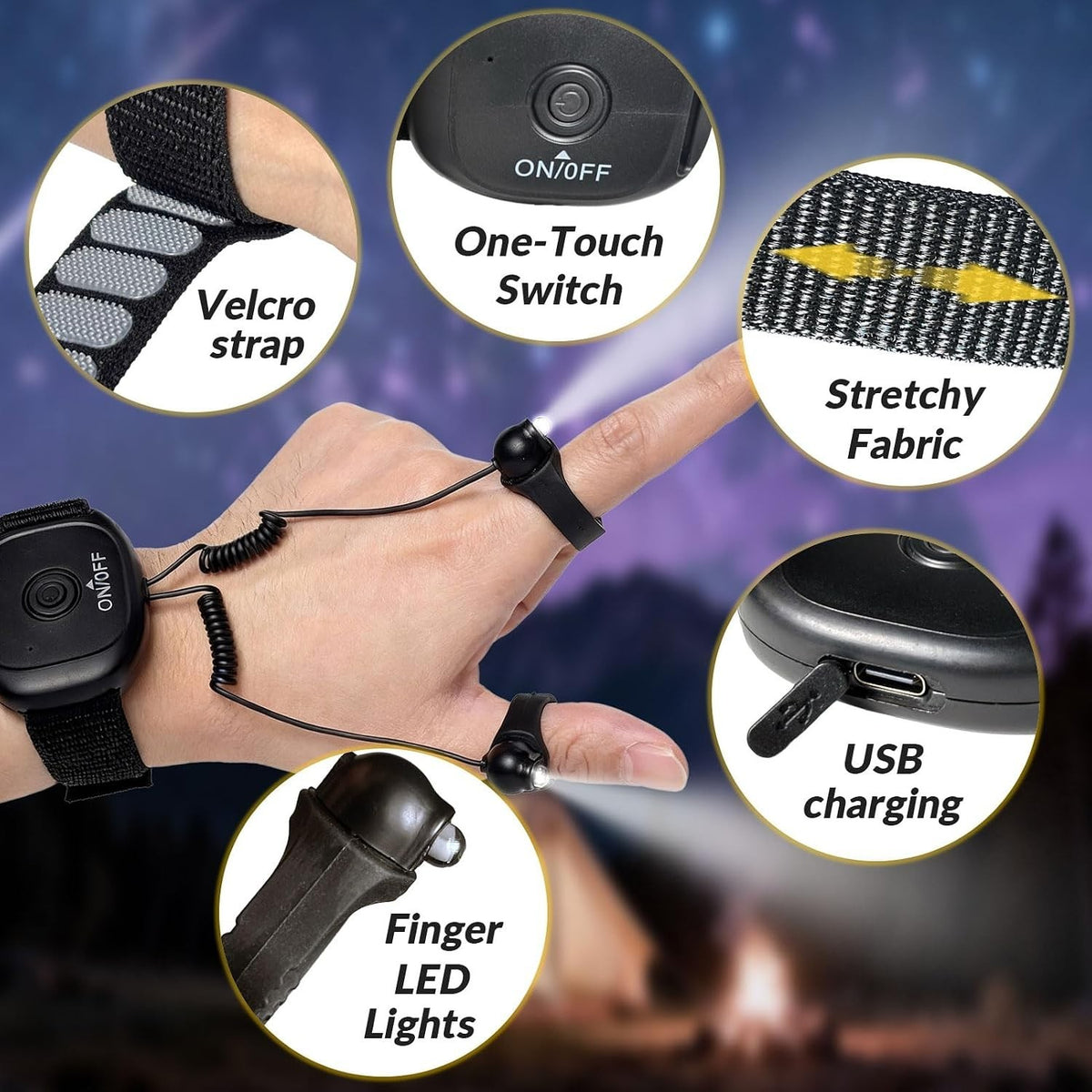 Rechargeable LED Lighted Gloves for Men Hands-Free Fingertip Flashlights