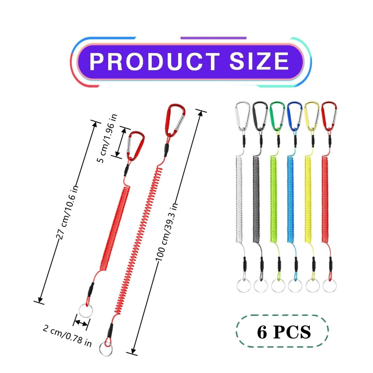 6 Pack Retractable Wire Key Lanyards with Alloy Hooks for Outdoor Activities