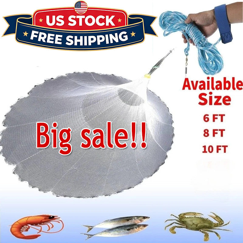 Heavy-Duty Nylon Cast Net for Freshwater & Saltwater Fishing - 8 to 16FT