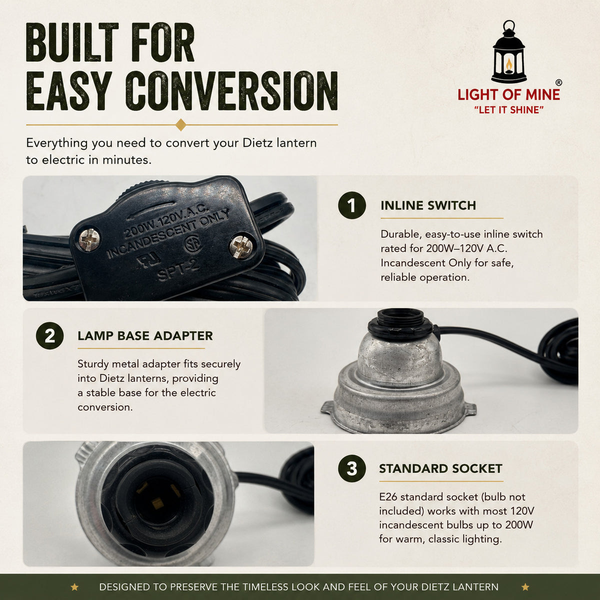 Electric Conversion Kit for Dietz Oil Lanterns - Fits #80 Blizzard, #90 D-Lite, #2500 Jupiter