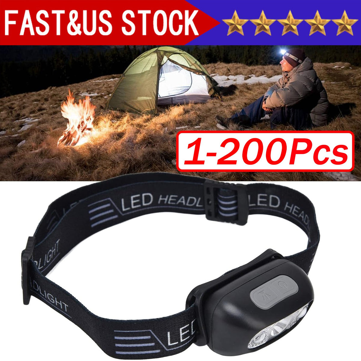 LED Headlamp USB Rechargeable Waterproof Camping Head Torch - Multiple Quantities