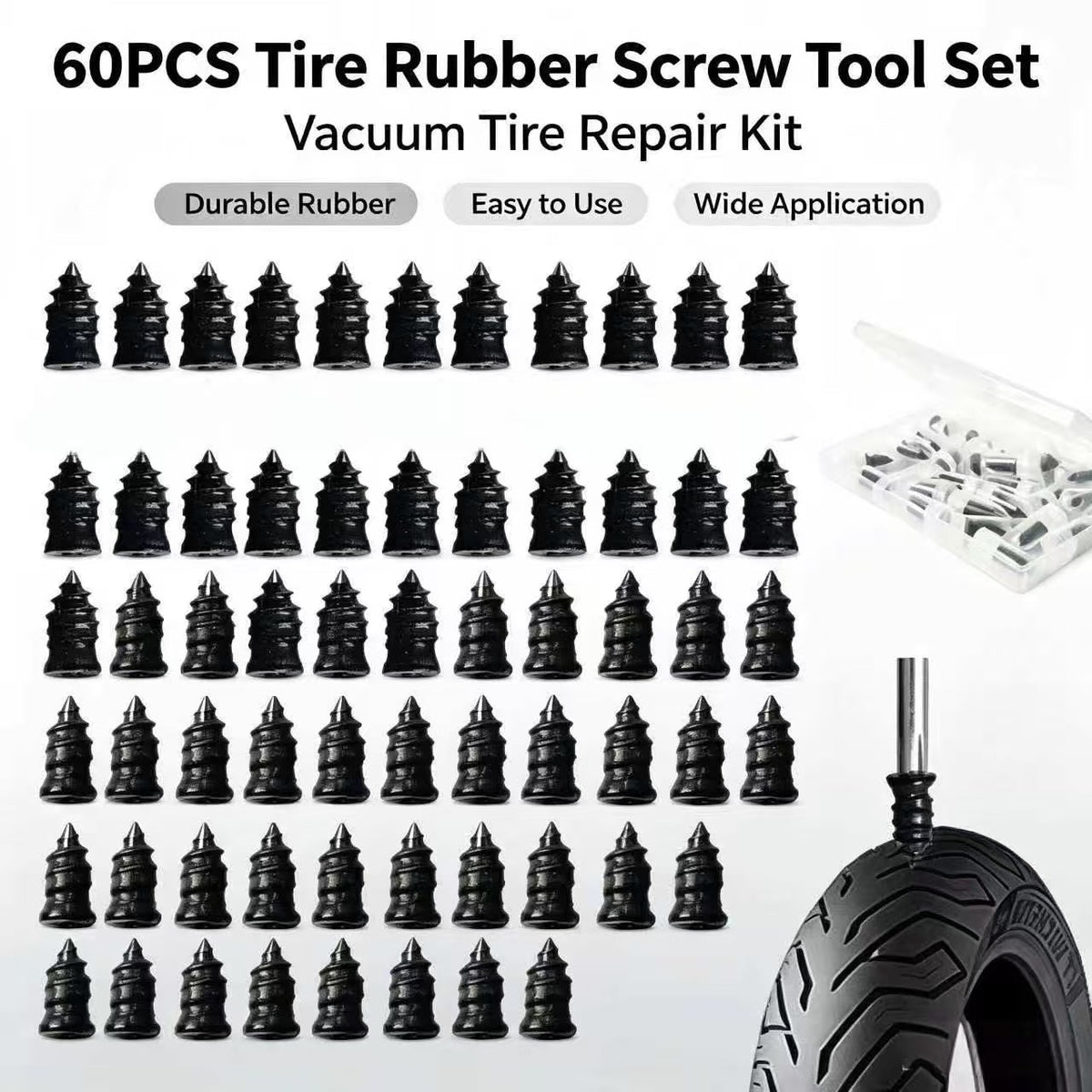 60PCS Tire Repair Kit with Self-Injecting Rubber Plugs and Screwdriver