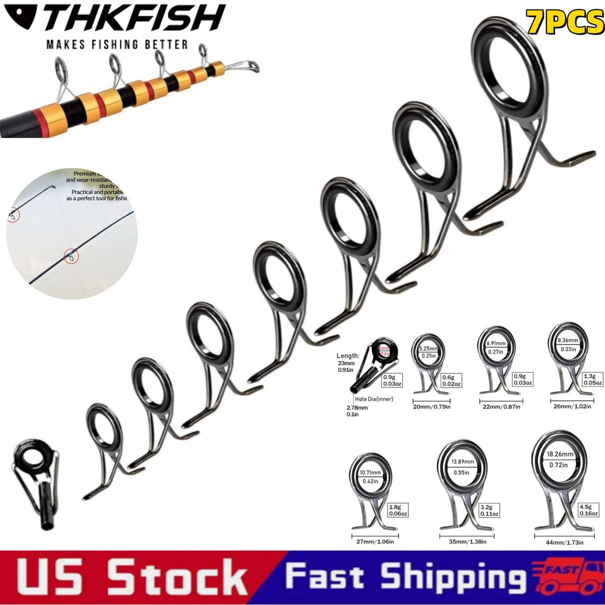 7PCS Stainless Steel Ceramic Eyelet Repair Kit for Fishing Rods - Replacement Guides