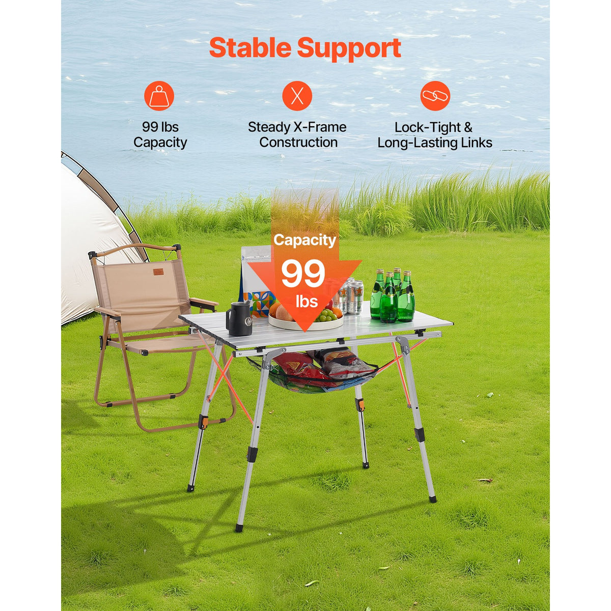 Portable Folding Aluminum Camping Table with Roll-Up Top & Mesh Shelf