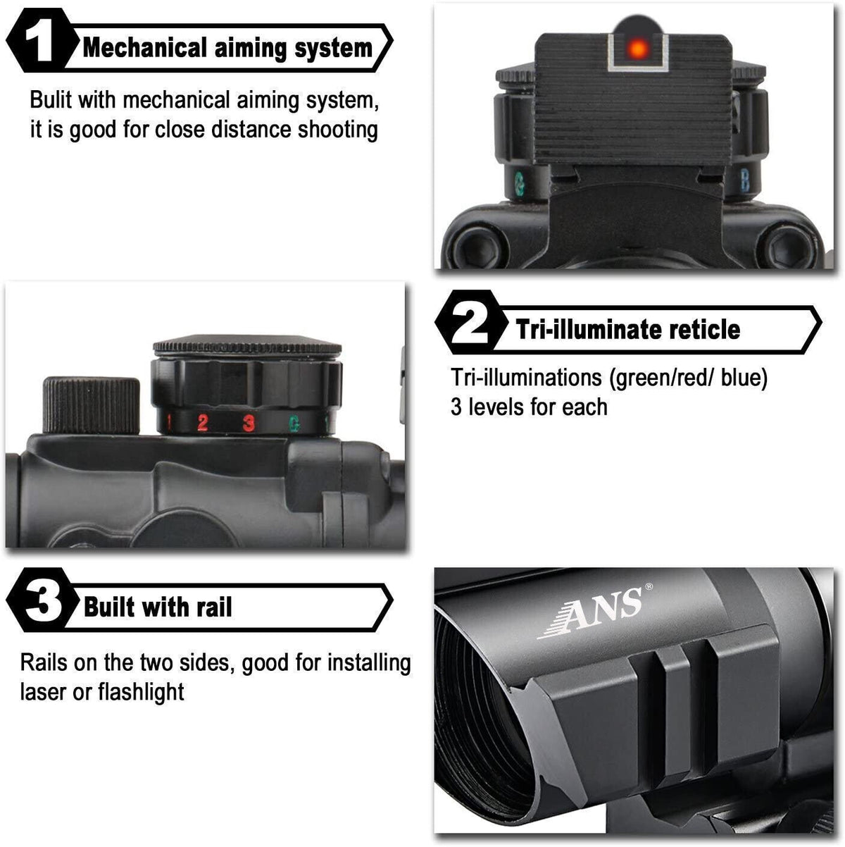 4x32mm Red Green Blue Dot Sight Scope with Fiber Optic & Battery