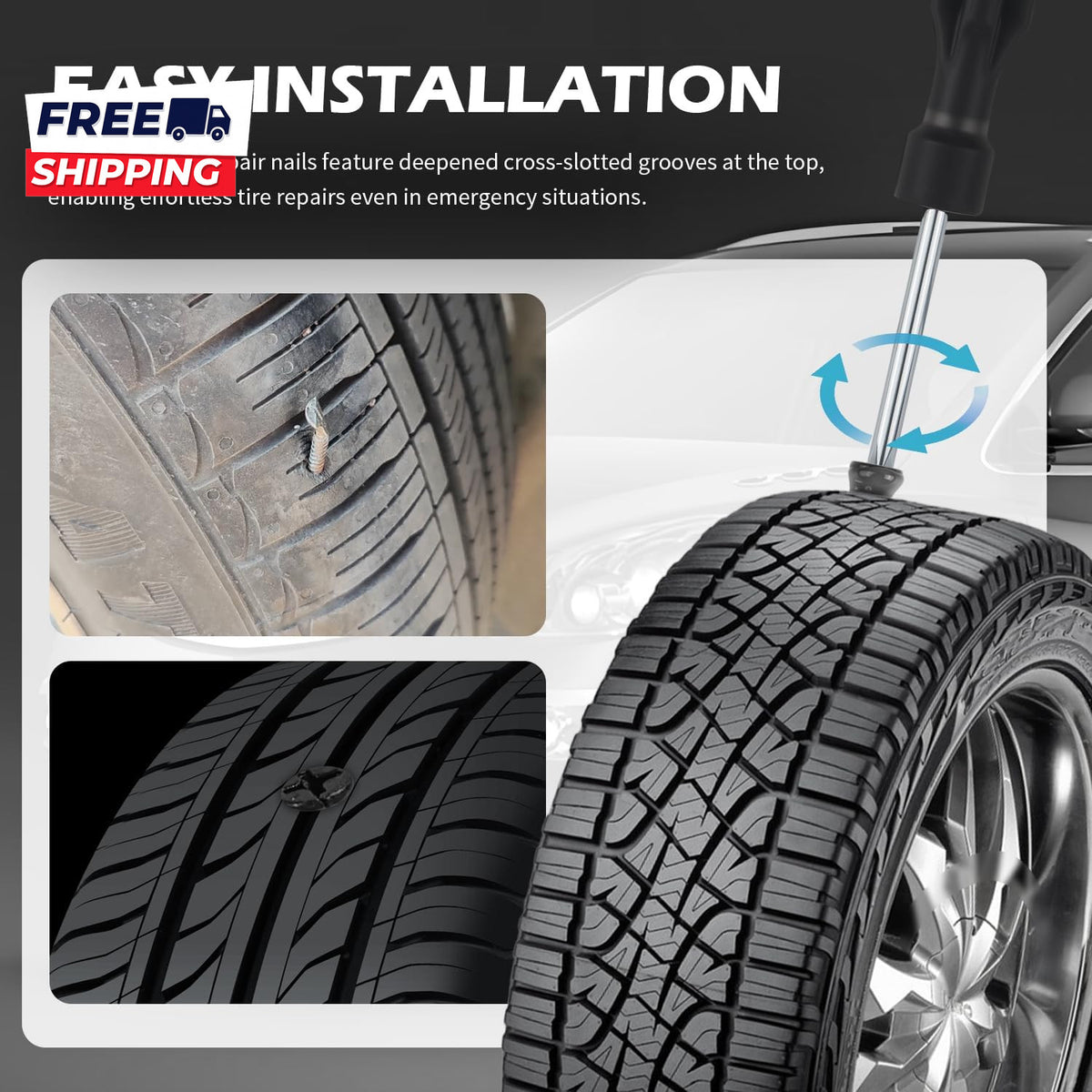 60PCS Tire Repair Kit with Self-Injecting Plugs and Screwdriver