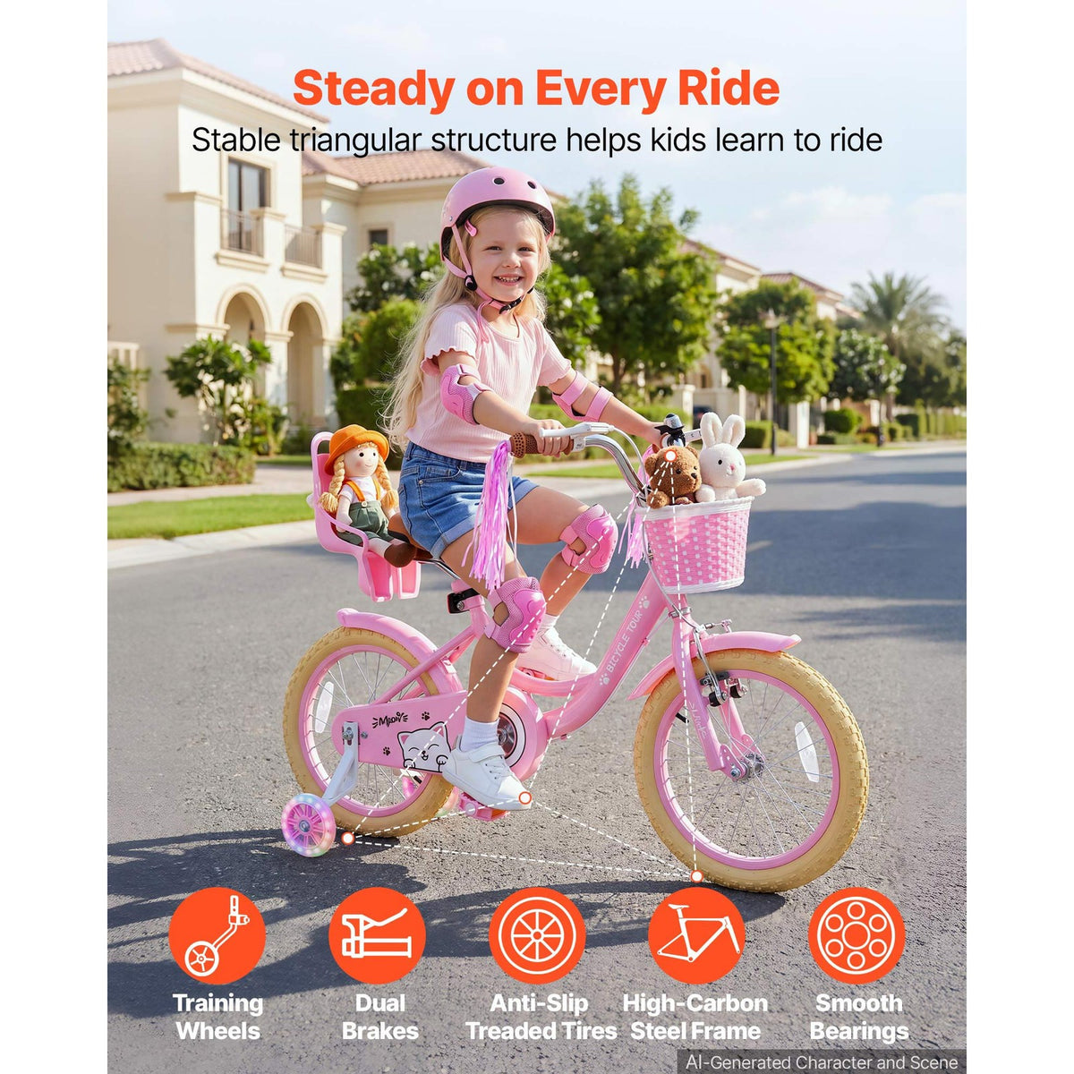 Kids' 16-Inch Bicycle with Training Wheels for Girls, Dual Brakes, Pink