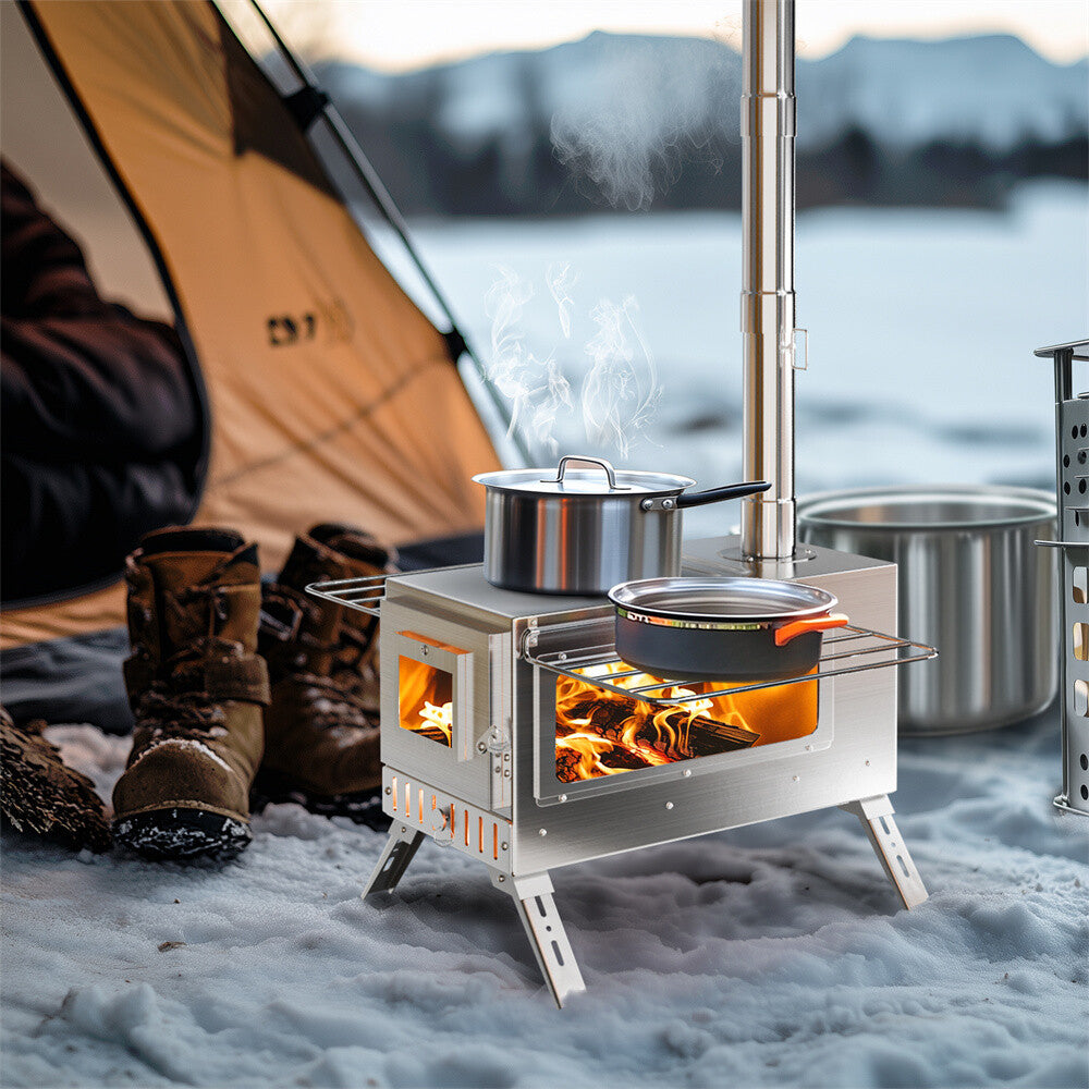 Portable Camping Wood Stove with Chimney Pipes, Tools, Bag & Ground Stakes