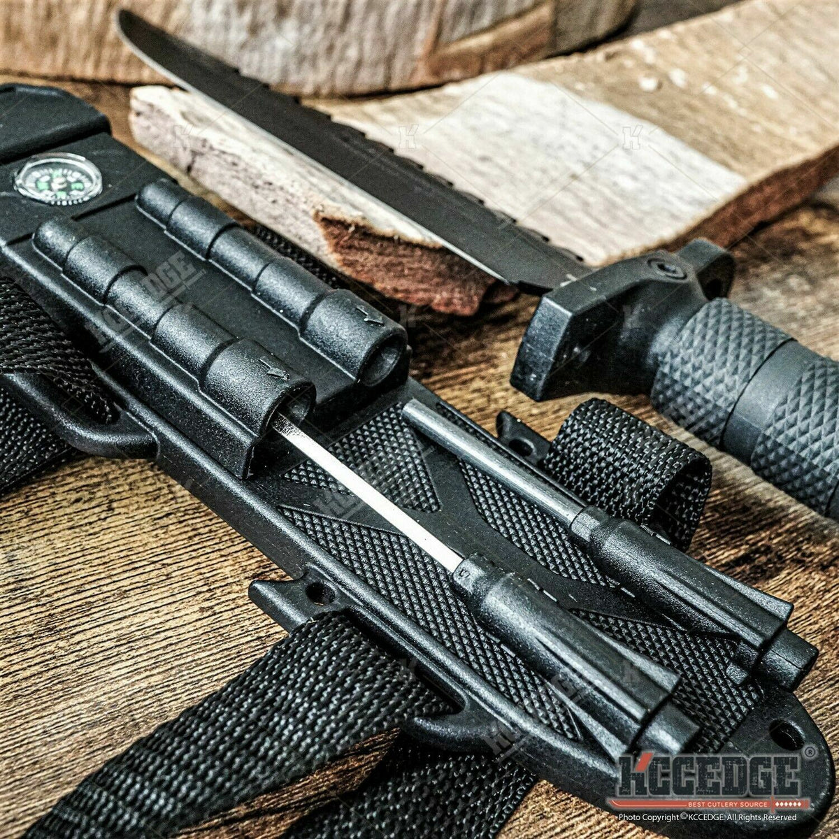 Tactical Survival Knife Kit with Fire Starter, Compass & Sharpener - 13.75 Inch