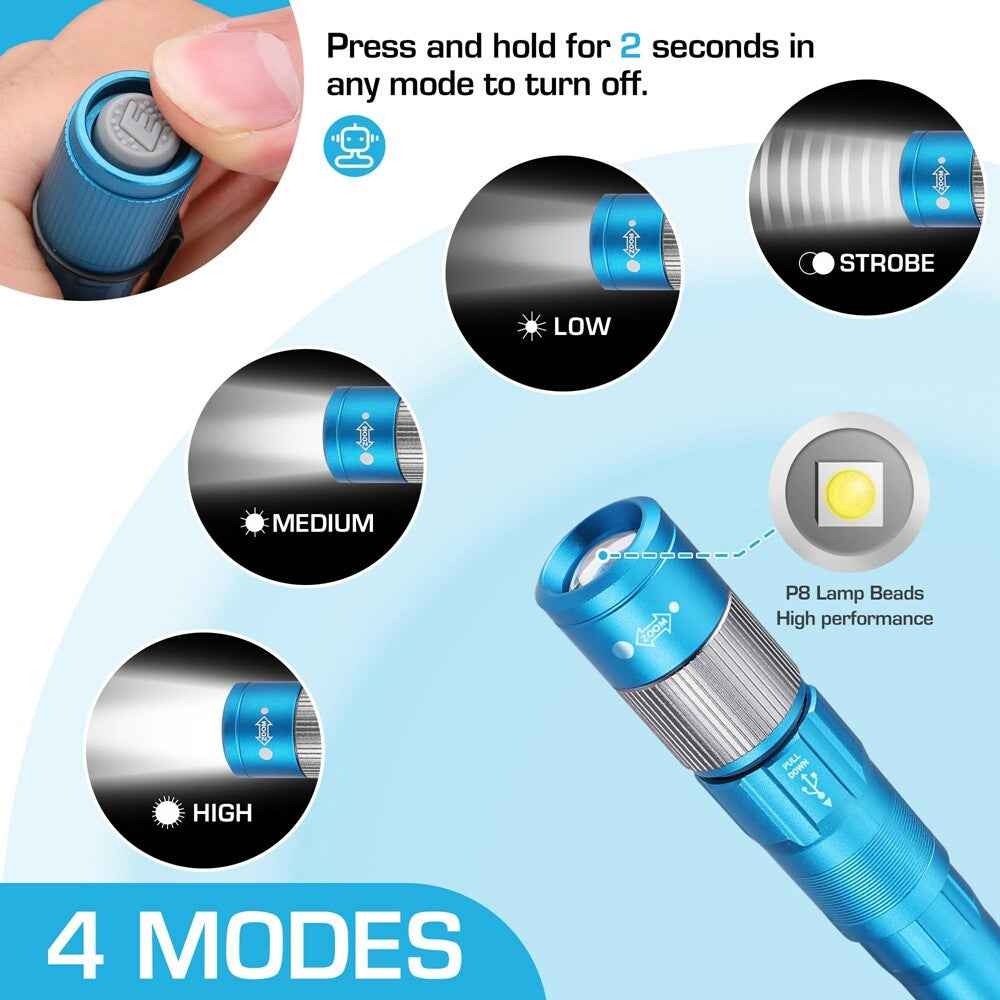 Rechargeable LED Pen Light 300LM with Zoom & USB-C Cable - Portable Flashlight