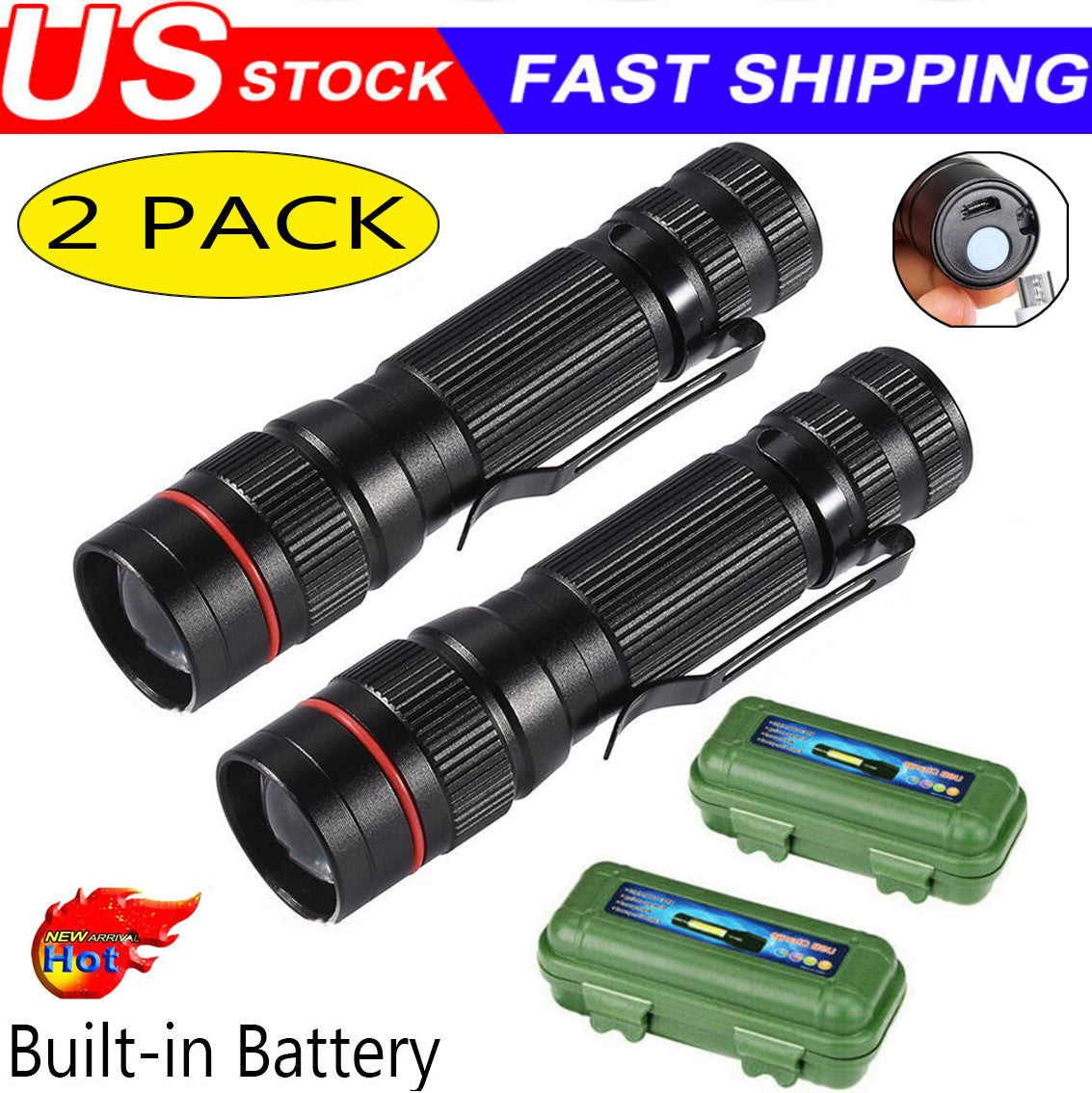 Super Bright Rechargeable Mini LED Flashlight with Zoom, 3 Modes, Portable
