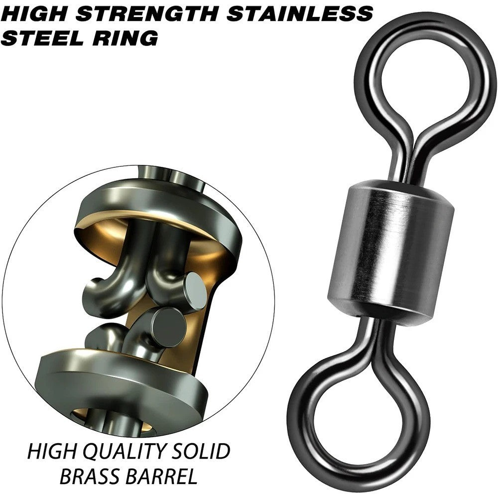 50x Stainless Steel Fishing Swivels with Solid Ring - Rolling Barrel Type