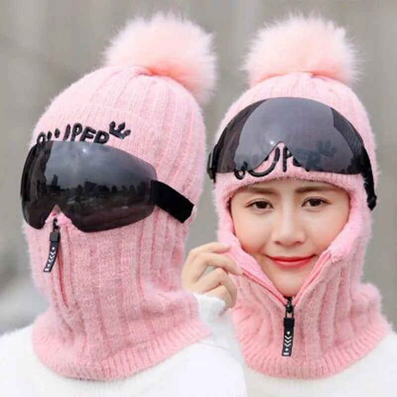 Double-Layer Fleece Winter Hat Beanie with Face and Neck Cover - Multiple Colors