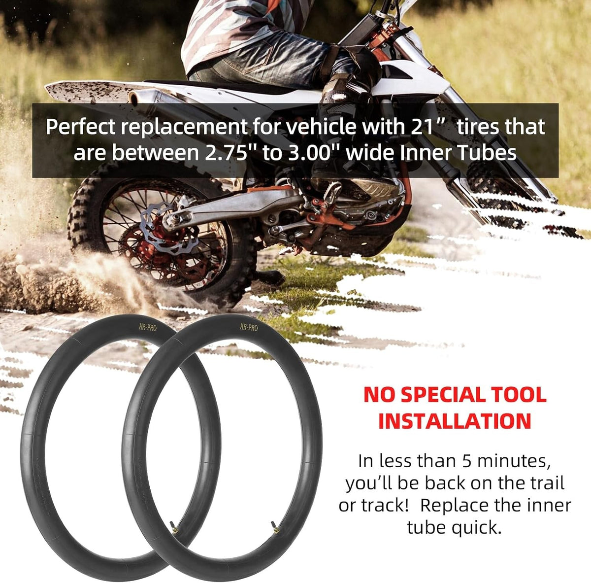 2 Pack Motorcycle Inner Tubes 21 Inch Heavy Duty with Straight Valve - Fits 80/100-21 Tires