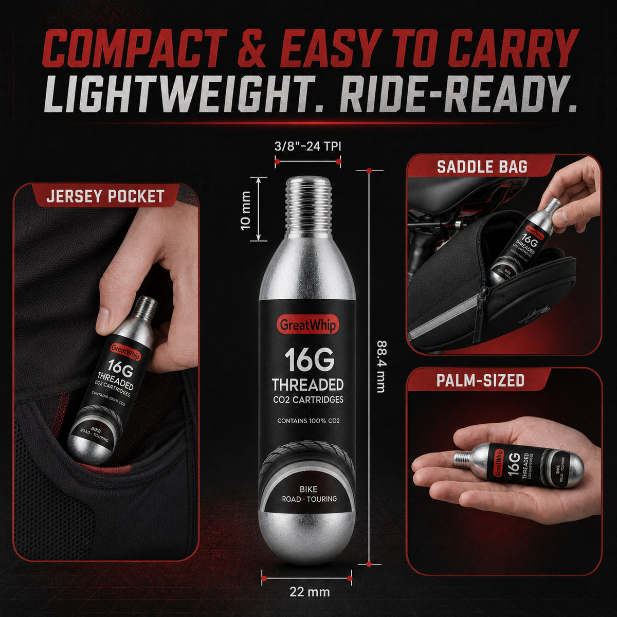 16g CO2 Bicycle Tire Inflator Cartridges - Pack of 12