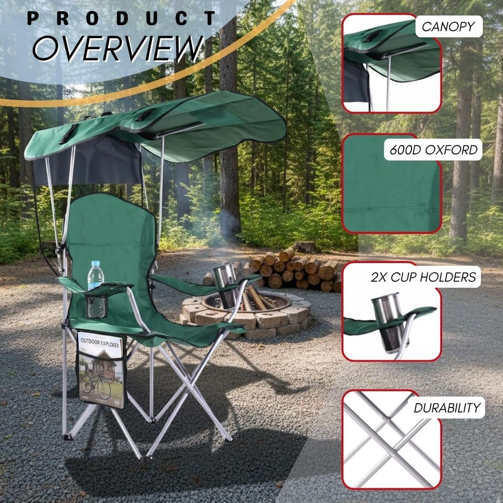 Portable Foldable Camping Chair with Canopy and Sun Shade - Lightweight Outdoor Seating