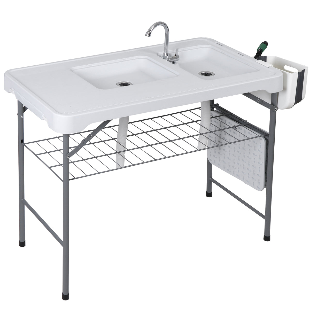 Fish Cleaning Station with Dual Sinks and Swivel Faucet - Portable Folding Camping Table