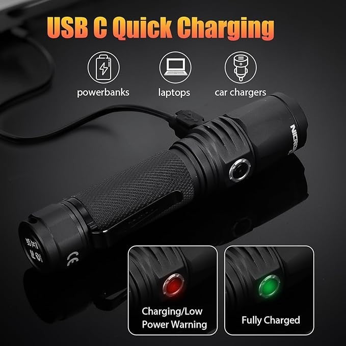 Rechargeable Tactical Flashlight 1000 Lumens with Type C Cable for Camping