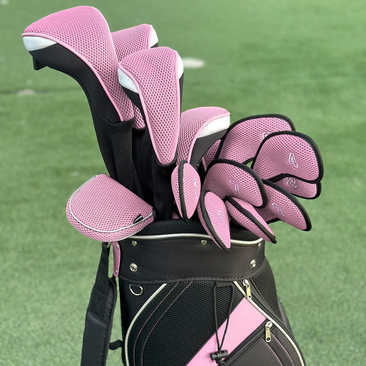 Golf Club Head Covers Set - 6-Piece Black and Pink Protects Drivers & Hybrids