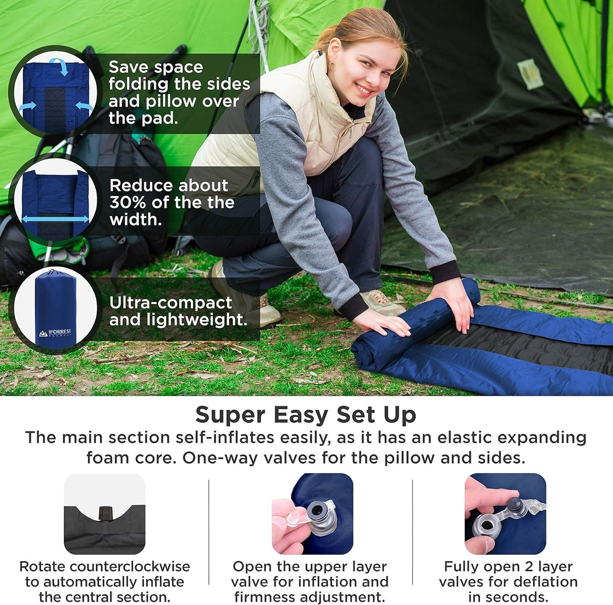 Self-Inflating Camping Sleeping Pad with Pillow & Armrest - Extra Thick 2 Inch