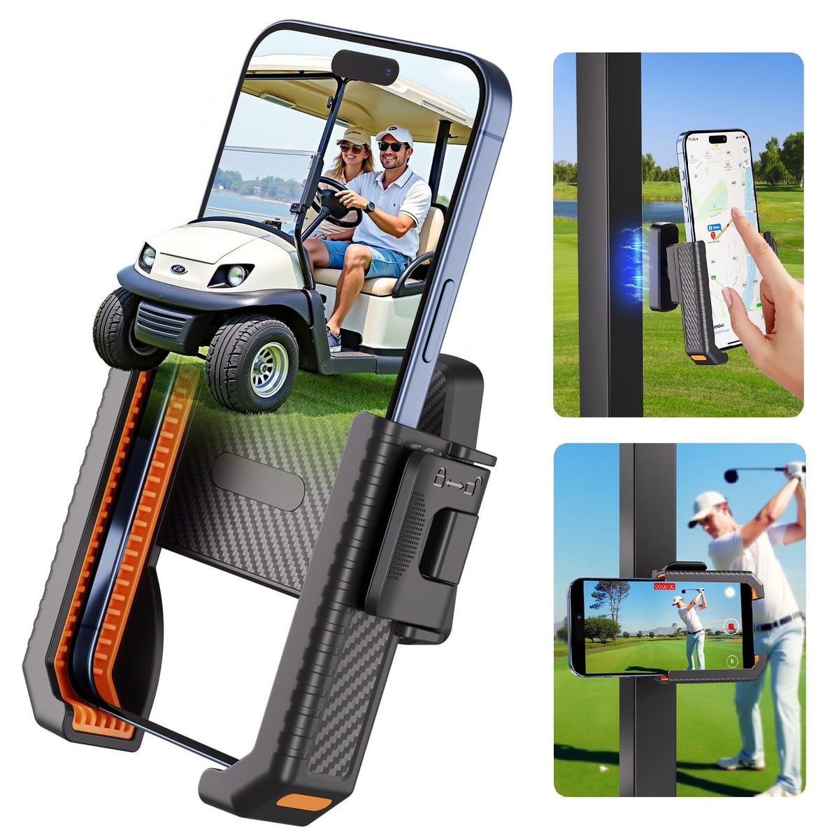 Magnetic Golf Cart Phone Holder - Universal Fit for 4.5-7 Inch Smartphones, Orange & Black