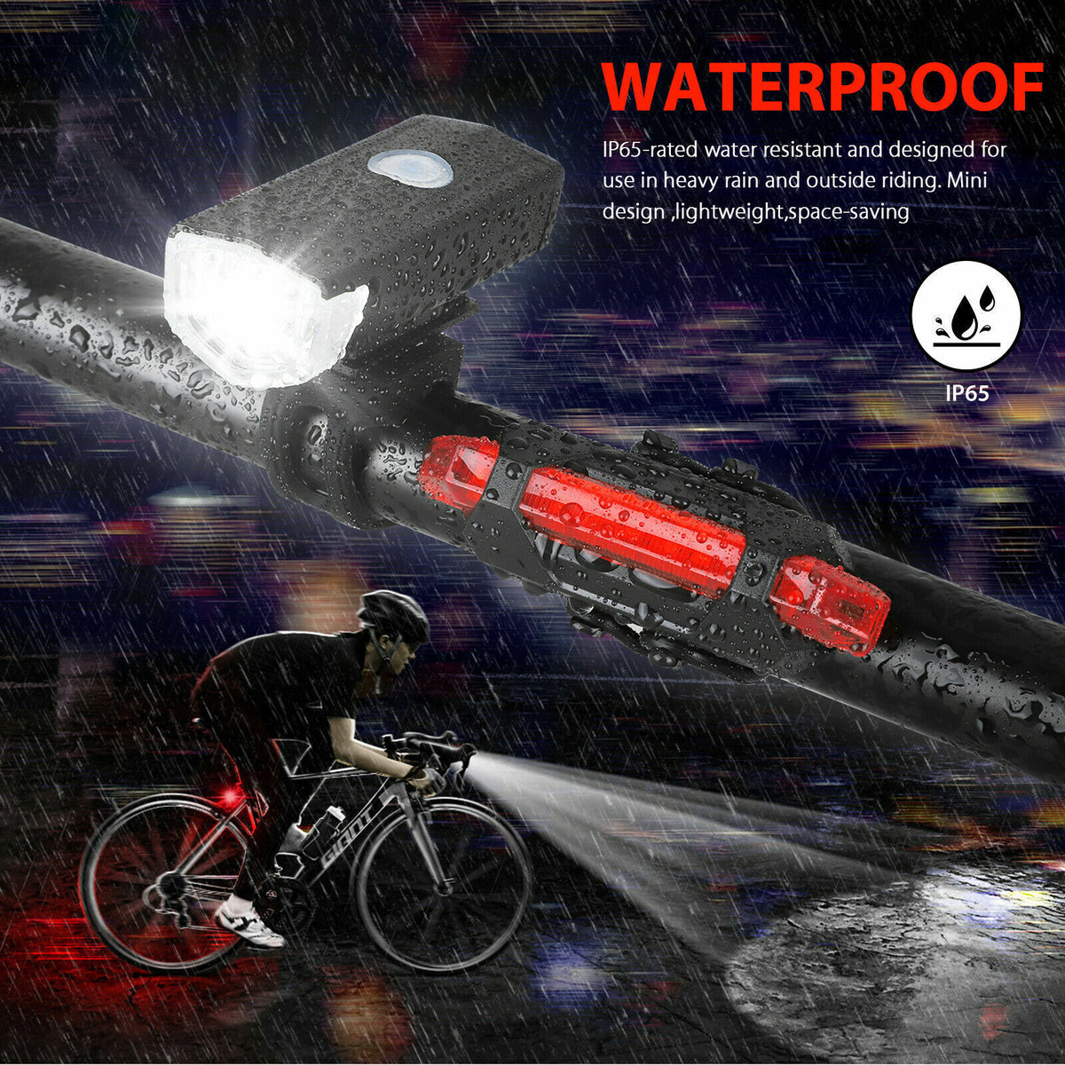 USB Rechargeable Bicycle Front and Rear LED Headlight Set - Waterproof Cycling Lights