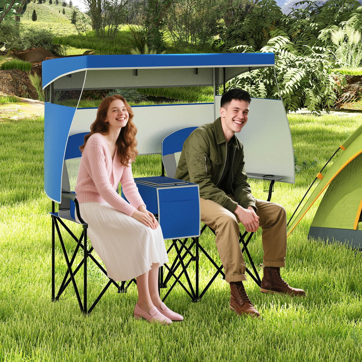 Double Beach Chair with Adjustable Canopy Oversized Folding Camping Chair Navy