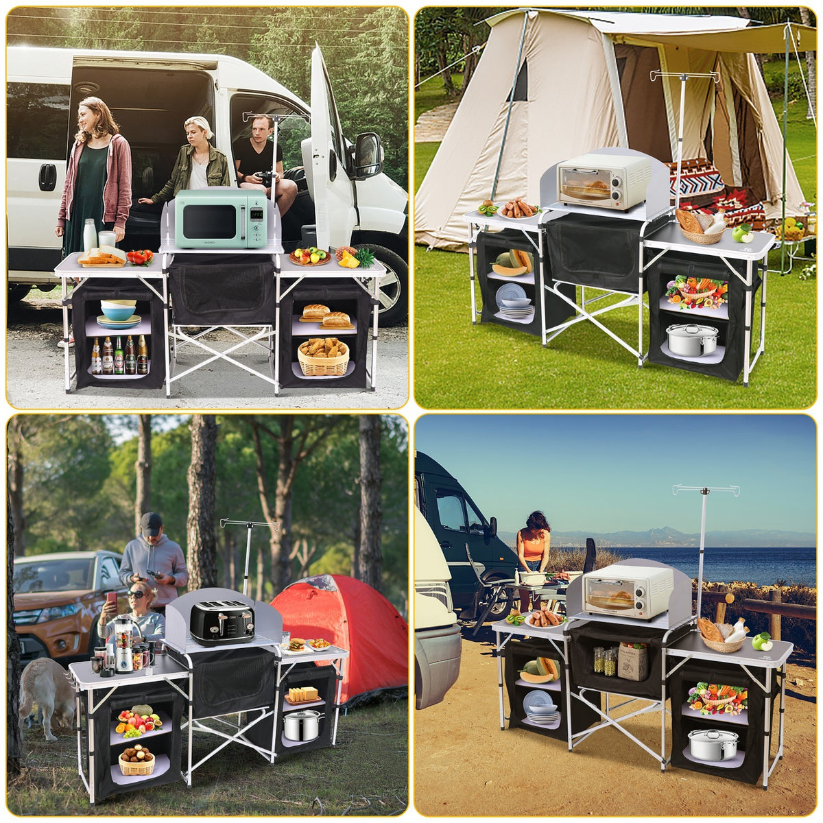 Folding Camping Kitchen Table with Windshield Light Stand & Organizers