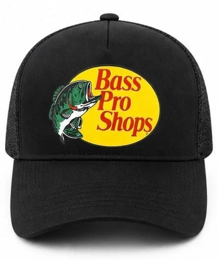 Black Mesh Trucker Hat with Adjustable Snapback Fishing Logo