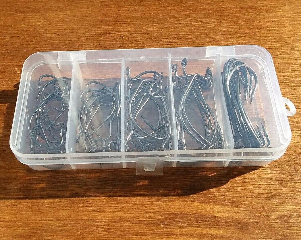 50 Count Black Nick Wide Gap Worm Hooks Assortment 5 Sizes for Fishing