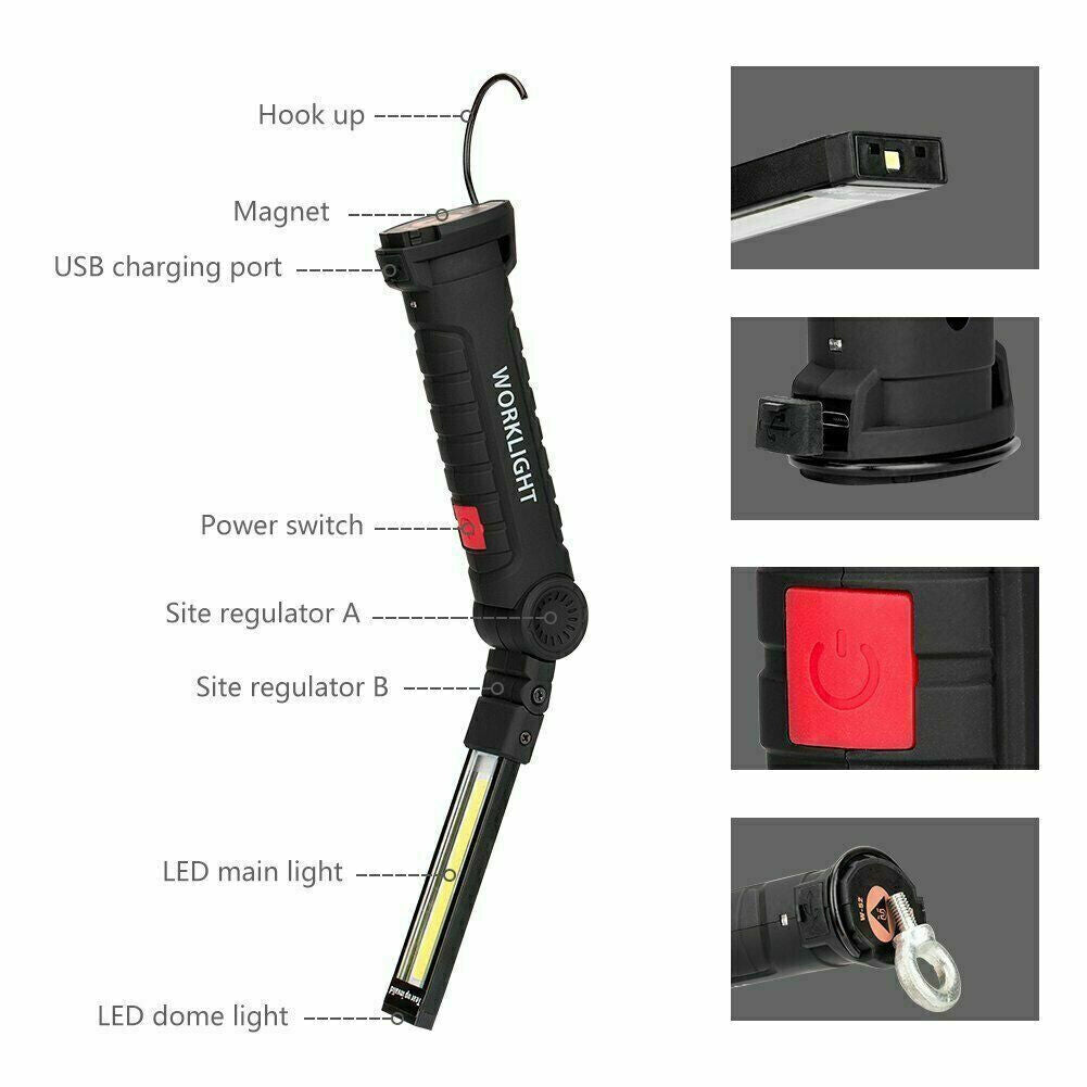 Rechargeable COB LED Work Light Flashlight with Magnetic Base and Folding Design
