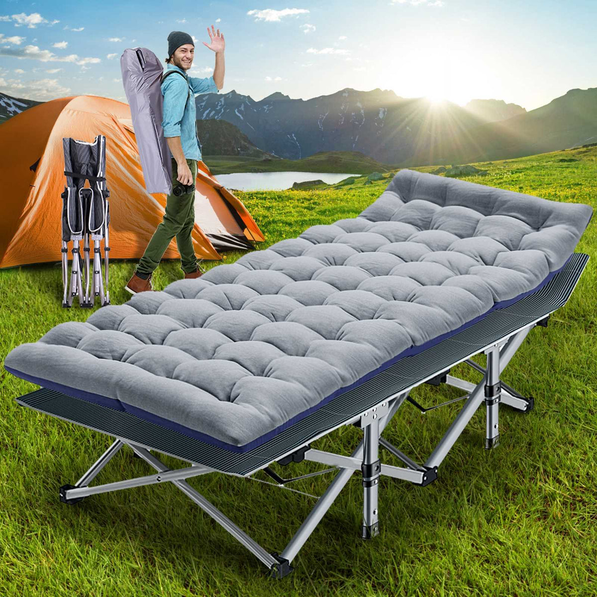Heavy Duty Folding Camping Cot with Mattress for Adults and Kids