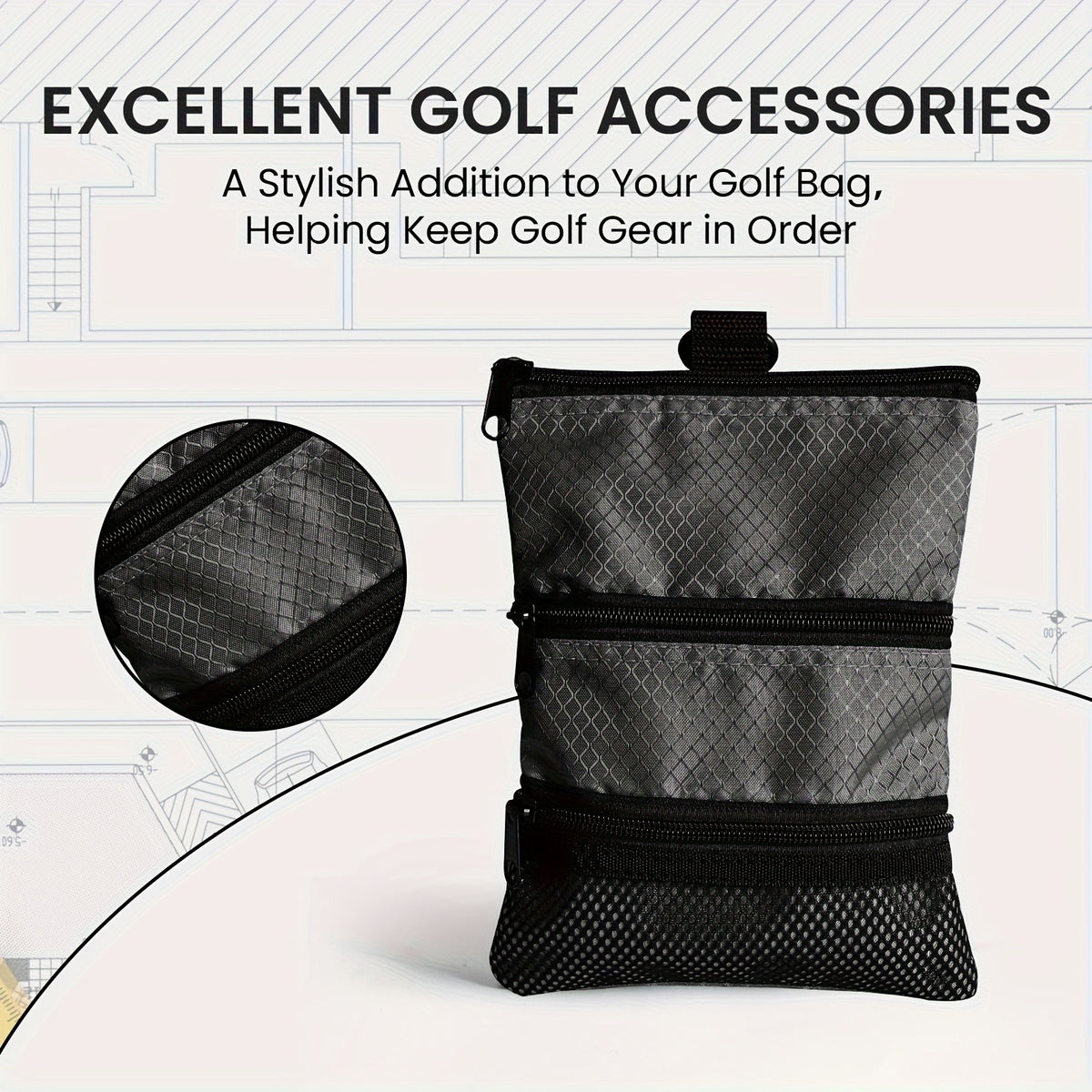 Golf Accessory Pouch Bag with Zipper and Multiple Pockets for Valuables and Tees