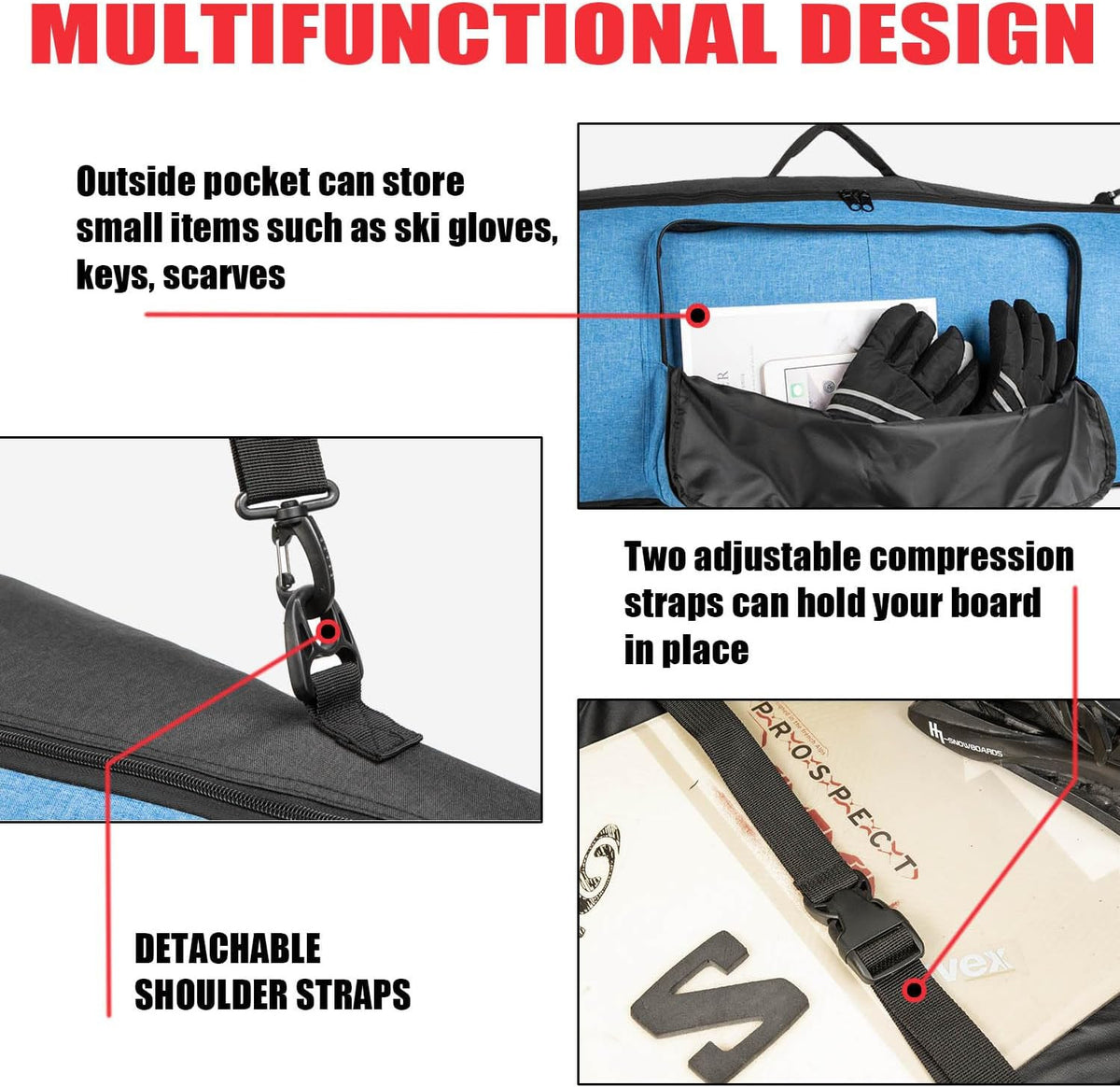 Padded Snowboard Bag for Air Travel - Fits up to 165cm with Wheels and Pockets